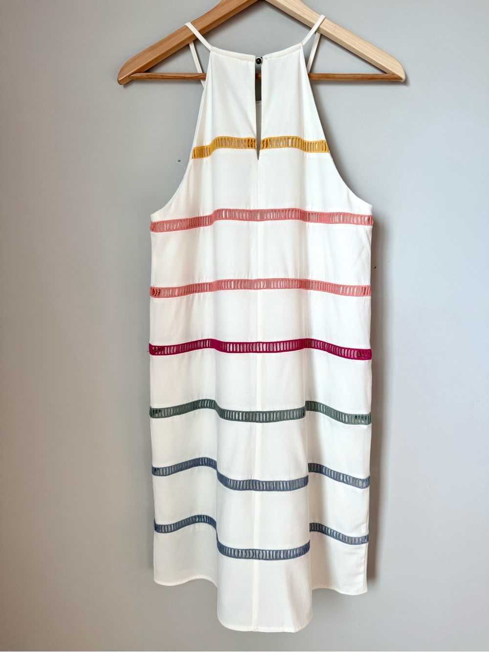 Entro White Halter Sleeveless Shift Mini Dress with Multicolor Stripes - Picture 3 of 3